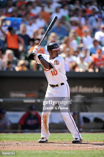 Adam Jones of the Baltimore Orioles bats against the Cleveland Indians at Camden Yards on August 30, 2009 in Baltimore, Maryland.