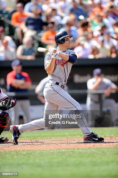 Grady Sizemore of the Cleveland Indians bats against the Baltimore Orioles at Camden Yards on August 30, 2009 in Baltimore, Maryland.