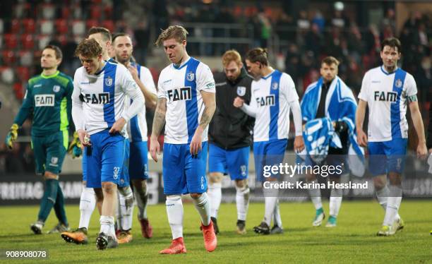 Team of Magdeburg looks dejected after the match during the 3.Liga match between FC Rot Weiss Erfurt and 1.FC Magdeburg at Arena Erfurt on January...