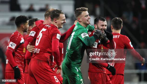 Team of Erfurt celebrates the victory during the 3.Liga match between FC Rot Weiss Erfurt and 1.FC Magdeburg at Arena Erfurt on January 22, 2018 in...