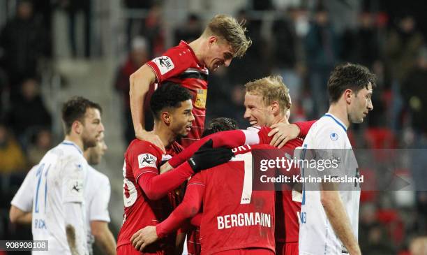 Team of Erfurt celebrates the victory during the 3.Liga match between FC Rot Weiss Erfurt and 1.FC Magdeburg at Arena Erfurt on January 22, 2018 in...