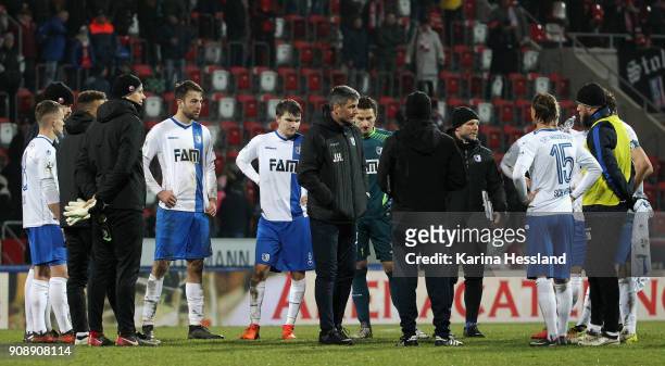 Team of Magdeburg looks dejected after the match during the 3.Liga match between FC Rot Weiss Erfurt and 1.FC Magdeburg at Arena Erfurt on January...