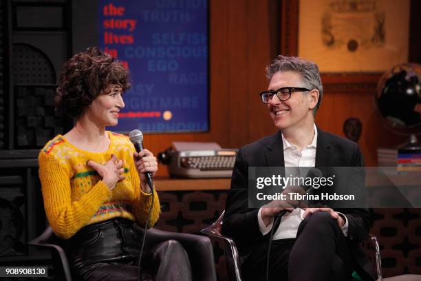 Miranda July and Ira Glass speak during the Cinema Cafe with Ira Glass and Miranda July Times Talks during the 2018 Sundance Film Festival at...