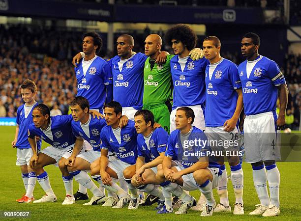 The Everton team line up before their UEFA Europa League football match against AEK Athens at Goodison Park in Liverpool, north-west England, on...