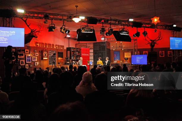 Logan Hill, Miranda July, and Ira Glass speak during the Cinema Cafe with Ira Glass and Miranda July Times Talks during the 2018 Sundance Film...