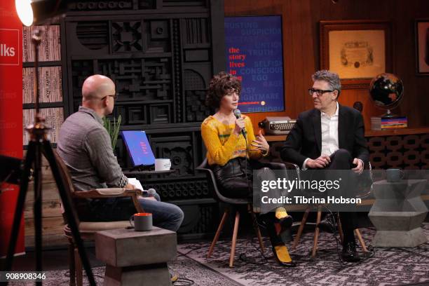 Logan Hill, Miranda July, and Ira Glass speak during the Cinema Cafe with Ira Glass and Miranda July Times Talks during the 2018 Sundance Film...