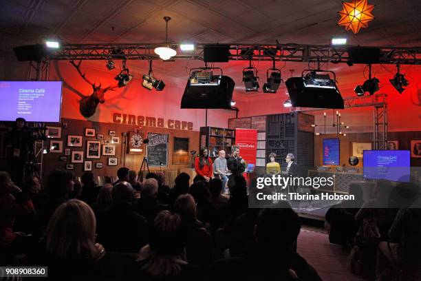 Logan Hill, Miranda July, and Ira Glass speak during the Cinema Cafe with Ira Glass and Miranda July Times Talks during the 2018 Sundance Film...