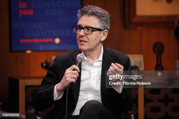 Ira Glass speaks during the Cinema Cafe with Ira Glass and Miranda July Times Talks during the 2018 Sundance Film Festival at Filmmaker Lodge on...