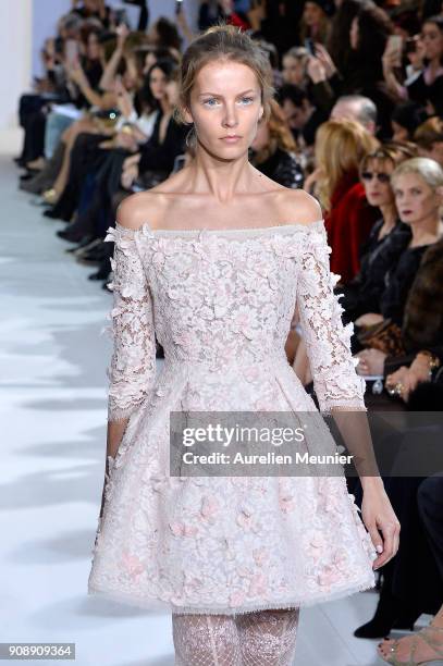 Model walks the runway during the Celia Kritharioti Spring Summer 2018 show as part of Paris Fashion Week on January 22, 2018 in Paris, France.