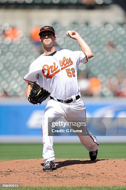 Brian Matusz of the Baltimore Orioles pitches against the Cleveland Indians at Camden Yards on August 30, 2009 in Baltimore, Maryland.