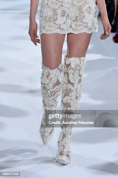 Model, fashion detail, walks the runway during the Celia Kritharioti Spring Summer 2018 show as part of Paris Fashion Week on January 22, 2018 in...