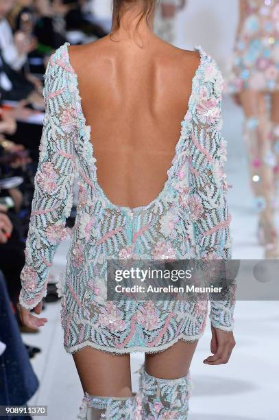 Model, fashion detail, walks the runway during the Celia Kritharioti Spring Summer 2018 show as part of Paris Fashion Week on January 22, 2018 in...