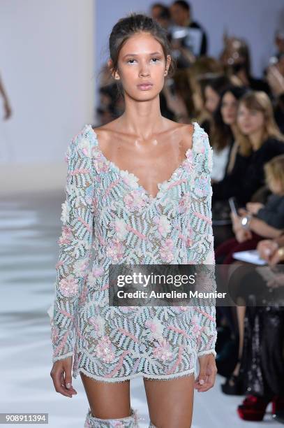 Model walks the runway during the Celia Kritharioti Spring Summer 2018 show as part of Paris Fashion Week on January 22, 2018 in Paris, France.