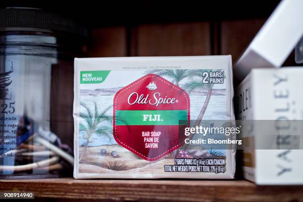 Procter & Gamble Co. Old Spice brand soap is arranged for a photograph in Tiskilwa, Illinois, U.S., on Monday, Jan. 22, 2018. Procter & Gamble is...