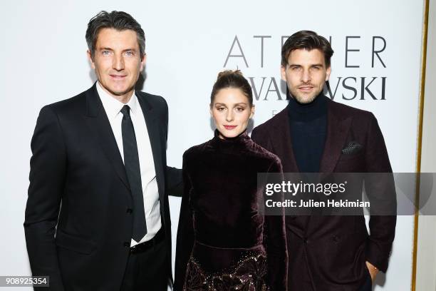 Massimo Renon, Olivia Palermo and Johannes Huebl attend the Atelier Swarovski Eyewear Dinner as part of Paris Fashion Week at Hotel Crillon on...