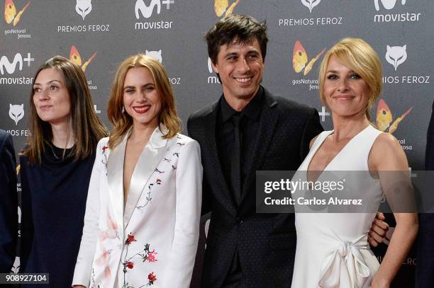 Aura Garrido, Hugo Silva and Cayetana Guillen Cuervo attend Feroz Awards 2018 at Magarinos Complex on January 22, 2018 in Madrid, Spain.