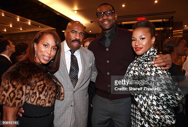 Marjorie Bridges-Harvey, Steve Harvey, Lebron James and Savannah Brinson attend the Gucci for FFAWN cocktail party at the Gucci Fifth Avenue store on...