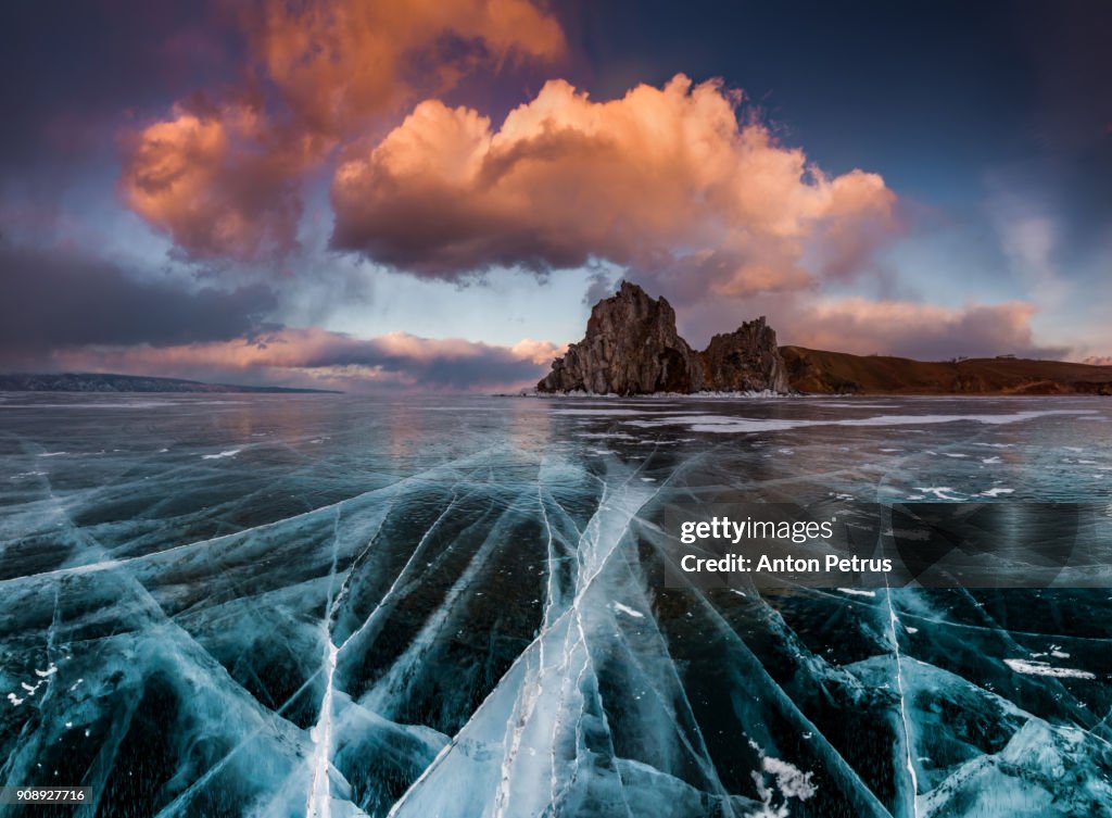 Sunset at the Rock Shamanka. Lake Baikal