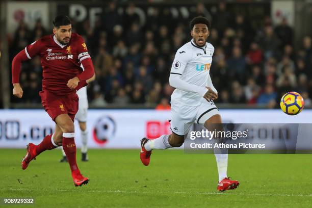 Leroy Fer of Swansea City chased by Emre Can of Liverpool during the Premier League match between Swansea City and Liverpool at The Liberty Stadium...