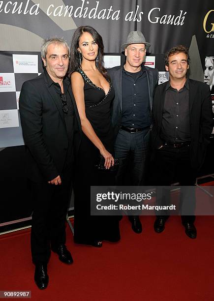 Director David Carreras, actors Maria Grazia Cucinotta and Tobias Moretti and Eduard Fernando attend the premiere of Flores Negras at Cine Comedia on...