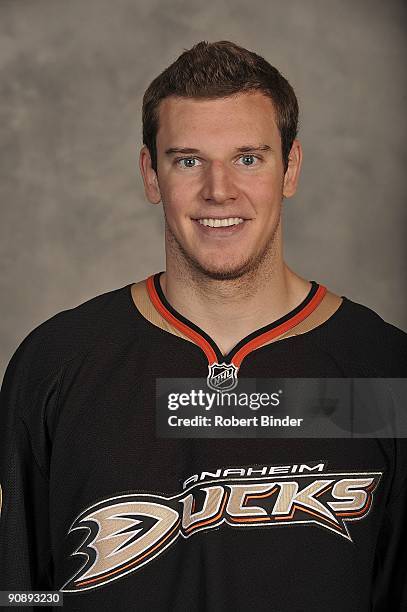 Brendan Mikkelson of the Anaheim Ducks poses for his official headshot for the 2009-2010 NHL season.