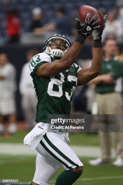 Wide Receiver Chansi Stuckey of the New York Jets has a long catch against the Houston Texans when the Texans host the Jets in the season opener at...