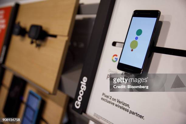 Google Inc. Pixel 2 smartphone is displayed for sale at a Verizon Communications Inc. Store in Brea, California, U.S., on Monday, Jan. 22, 2018....