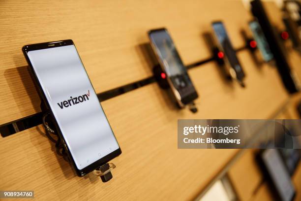 Samsung Electronics Co. Galaxy Note 8 smartphone is displayed for sale at a Verizon Communications Inc. Store in Brea, California, U.S., on Monday,...