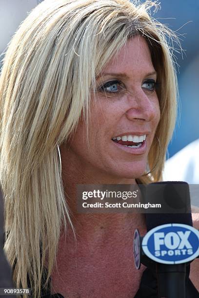 Sideline announcer Laura Okmin gives a report during the game between the Carolina Panthers and the Philadelphia Eagles at Bank Of America Stadium on...