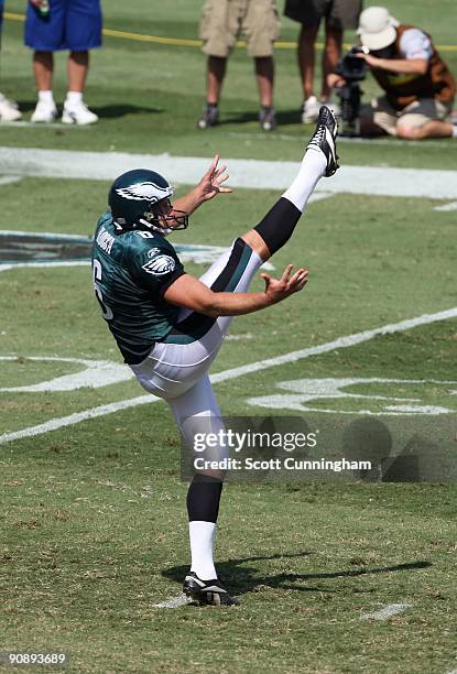 Sav Rocca of the Philadelphia Eagles punts against the Carolina Panthers at Bank Of America Stadium on September 13, 2009 in Charlotte, North...