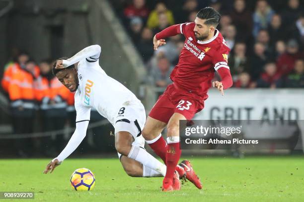 Leroy Fer of Swansea City is tackled by Emre Can of Liverpool during the Premier League match between Swansea City and Liverpool at the Liberty...