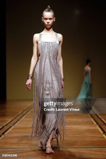 Model walks the runway during the Antonio Grimaldi Haute Couture Spring Summer 2018 show as part of Paris Fashion Week on January 22, 2018 in Paris,...