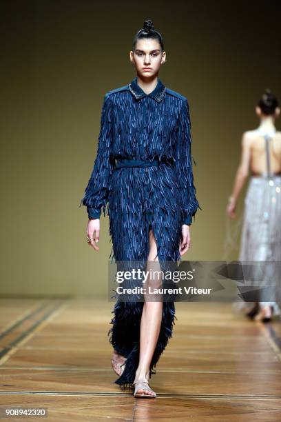 Model walks the runway during the Antonio Grimaldi Haute Couture Spring Summer 2018 show as part of Paris Fashion Week on January 22, 2018 in Paris,...