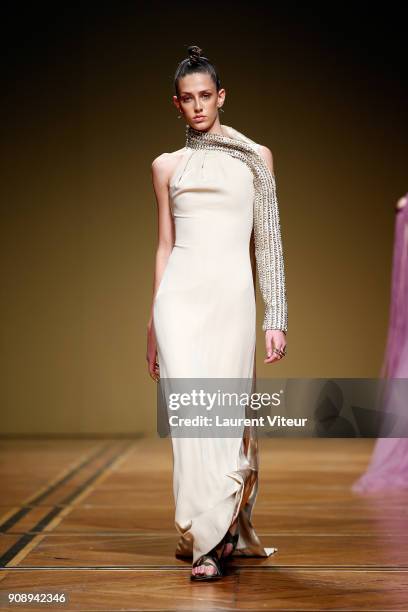 Model walks the runway during the Antonio Grimaldi Haute Couture Spring Summer 2018 show as part of Paris Fashion Week on January 22, 2018 in Paris,...