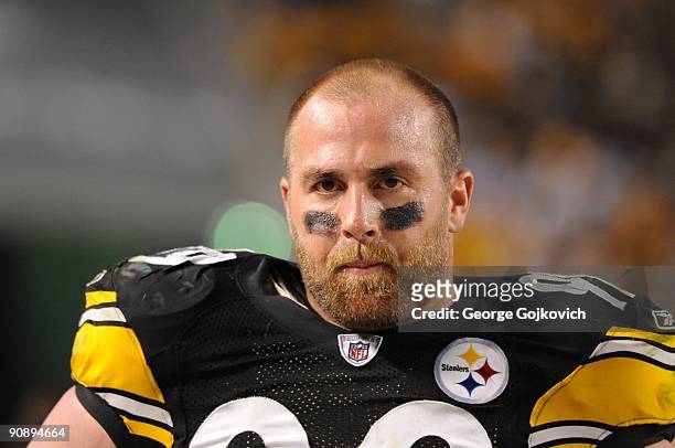 Defensive lineman Brett Keisel of the Pittsburgh Steelers looks on from the sideline during a game against the Tennessee Titans at Heinz Field on...