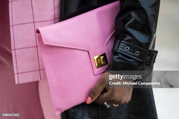 Nnenna Echem seen wearing a bag from Gina Tricot during the second day of Stockholm Fashion Week outside the Grand Hotel on January 22, 2018 in...