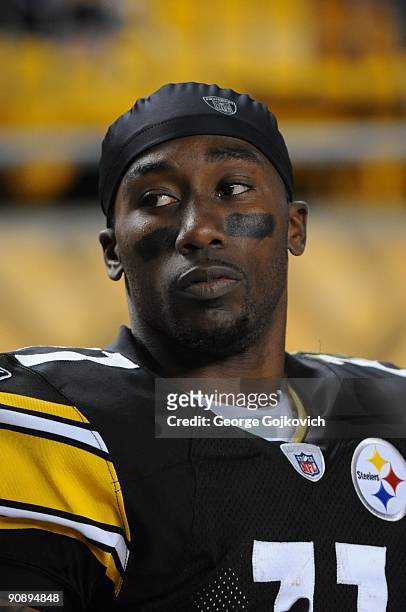 Kick returner/punt returner Stefan Logan of the Pittsburgh Steelers looks on from the sideline during a game against the Tennessee Titans at Heinz...
