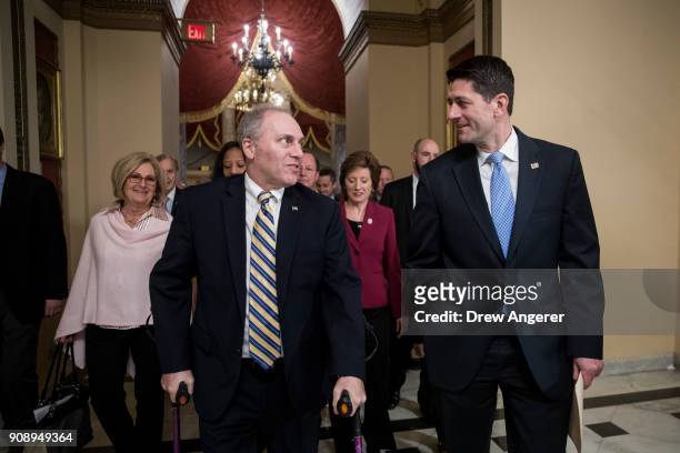Rep. Steve Scalise and Speaker of the House Paul Ryan walk to the House floor to vote on the continuing resolution to fund the federal government,...
