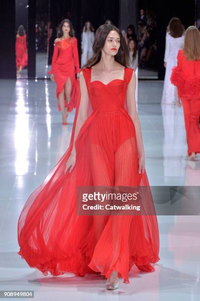 Model walks the runway at the Ralph & Russo Spring Summer 2018 fashion show during Paris Haute Couture Fashion Week on January 22, 2018 in Paris,...