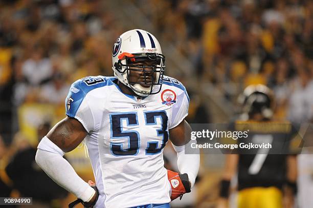 Linebacker Keith Bulluck of the Tennessee Titans looks on from the field during a game against the Pittsburgh Steelers at Heinz Field on September...