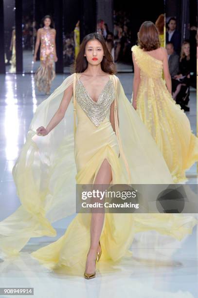 Model walks the runway at the Ralph & Russo Spring Summer 2018 fashion show during Paris Haute Couture Fashion Week on January 22, 2018 in Paris,...