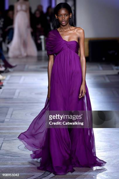 Model walks the runway at the Giambattista Valli Spring Summer 2018 fashion show during Paris Haute Couture Fashion Week on January 22, 2018 in...