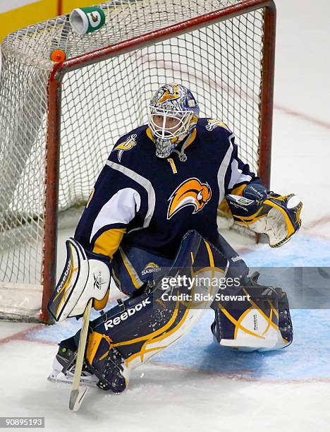 Jhonas Enroth of the Buffalo Sabres plays against the Washington Capitals at HSBC Arena during a preseason game on September 17, 2009 in Buffalo, New...