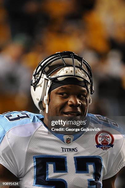Linebacker Keith Bulluck of the Tennessee Titans looks on from the field before a game against the Pittsburgh Steelers at Heinz Field on September...