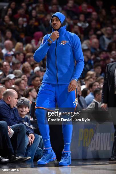 Carmelo Anthony of the Oklahoma City Thunder looks on during the game against the Cleveland Cavaliers on January 20, 2018 at Quicken Loans Arena in...
