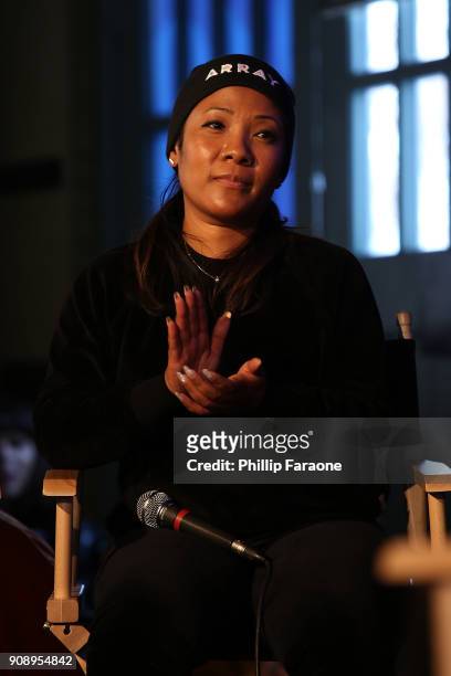 Tilane Jones speaks onstage at The Sundance Institute, Refinery29, and DOVE Chocolate Present 2018 Women at Sundance Brunch at The Shop on January...