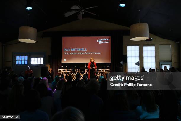 Pat Mitchell speaks onstage at The Sundance Institute, Refinery29, and DOVE Chocolate Present 2018 Women at Sundance Brunch at The Shop on January...
