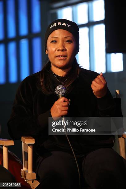 Tilane Jones speaks onstage at The Sundance Institute, Refinery29, and DOVE Chocolate Present 2018 Women at Sundance Brunch at The Shop on January...