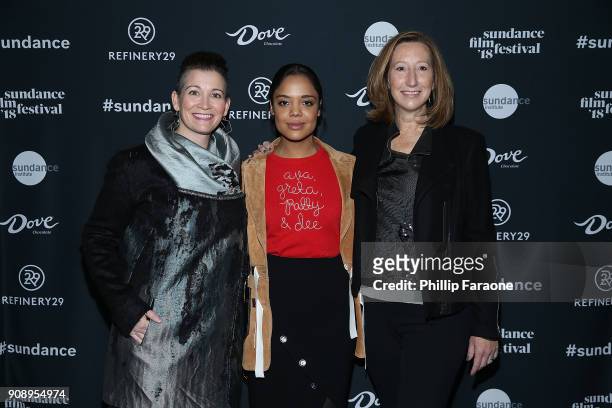 Amy Emmerich, Tessa Thompson, and Keri Putnam attend The Sundance Institute, Refinery29, and DOVE Chocolate Present 2018 Women at Sundance Brunch at...