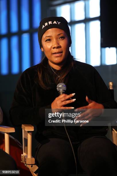 Tilane Jones speaks onstage at The Sundance Institute, Refinery29, and DOVE Chocolate Present 2018 Women at Sundance Brunch at The Shop on January...